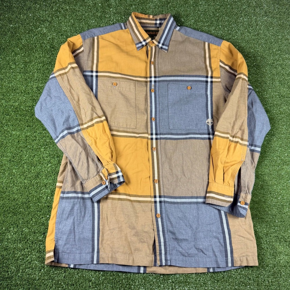 Timberland Mens Plaid Button‎ Down Shirt Medium Mustard Blue Khaki Long Sleeve